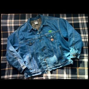 vintage Carhartt denim jacket that has really warm black and yellow plaid liner